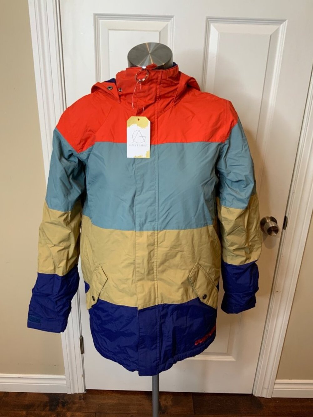 Burton Red Gray Tan Blue Colorblock Striped Hooded Coat, Size XL